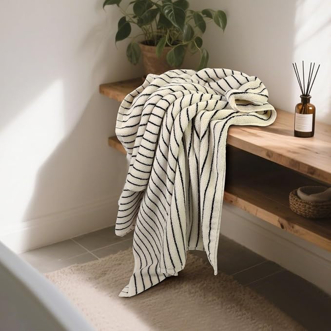 Black and Ivory Striped Bath Towels Set of 2, Lighter & Quick Dry Towels | Large 27.5 x 55 inches, Farmhouse for Bathroom, Pool, Shower