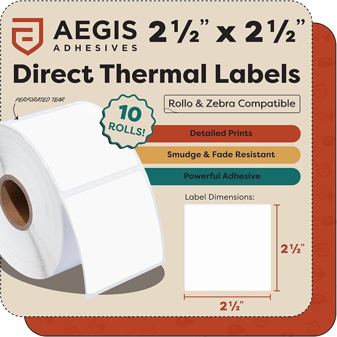Aegis Adhesives - 2.5" X 2.5" Square Direct Thermal Labels (7080 Count, 12 Rolls) - QR Code Stickers, Address Tags, Barcode Labels, Product Packaging - Compatible with Zebra and Rollo Printers