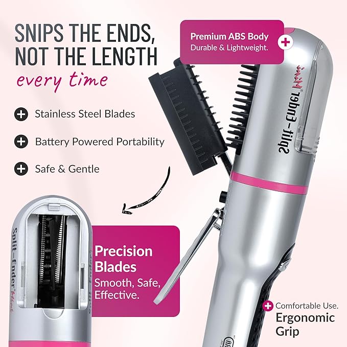 Split Ender Mini – Original Cordless Split End Hair Trimmer for Dry, Damaged, Brittle, Broken, Curly, Frizzy, or Straight Hair – Battery Operated (3 AAA) – At Home Hair Care & Styling Tool – Pink