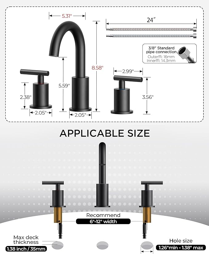 FORIOUS 2 Pack Black Bathroom Faucet 3 Hole, 8" Widespread Matte Black Bathroom Sink Faucet with 360°Swivel Spout, Suitable for 6-12 Inch Vanity Sink, with Metal Pop-up Drain and Supply Line