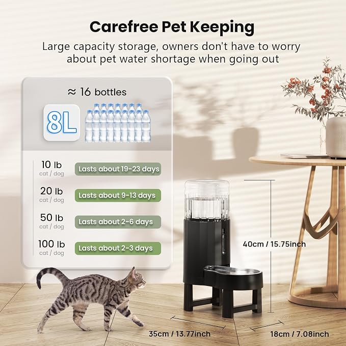CZPET Elevated Dog Water Bowl Dispenser for Large Dogs (8L+Stand, Black) | With Stainless Steel Bowl Gravity Waterer, Large Capacity and Drinking Area Noise-Free for Pets