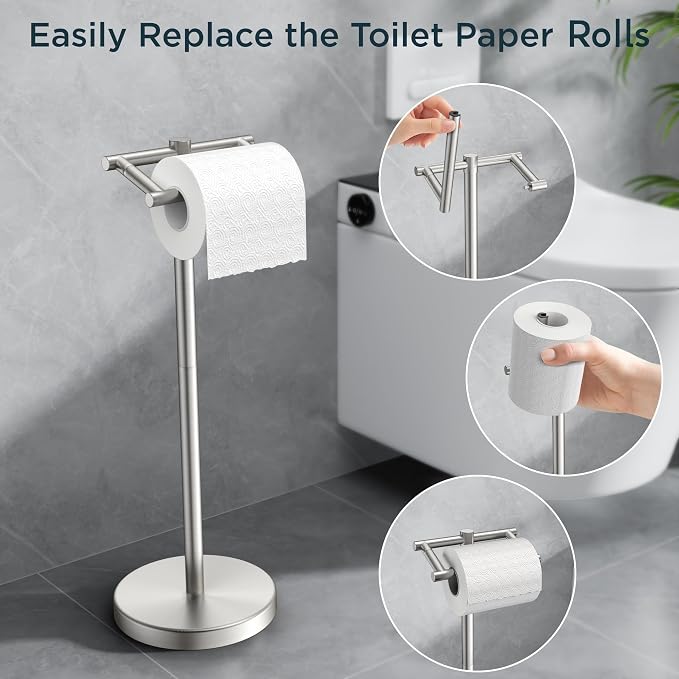 FORIOUS Toilet Paper Holder Wall Mount, Stainless Steel Rustproof Double Post Pivoting Tissue Roll Holder for Bathroom, Commercial Toilet Paper Dispenser Toilet Paper Holder Stand, Brushed Nickel