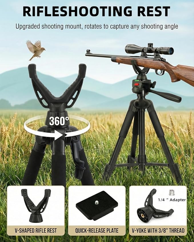 60"~63" Rifle Shooting Tripod, 360° V-Yoke Rest, 3D Pan Head for Hunting | 2.6lb Lightweight, Folds to 18". 360° V-yoke, 3/8 Thread, 1/4" QR Plate. Rubber feet, Wind Hook, Carry Bag, for Crossbow