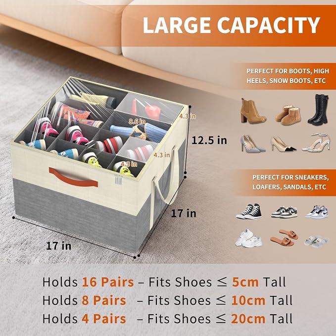 2 Pack Shoe Organizer for Closet, Stackable Shoe Storage Box, Beige & Grey | Fits up to 32 Pairs, Space Saving, Foldable, Shoes Organizer Bin with Clear Cover, 4 Reinforced Handles