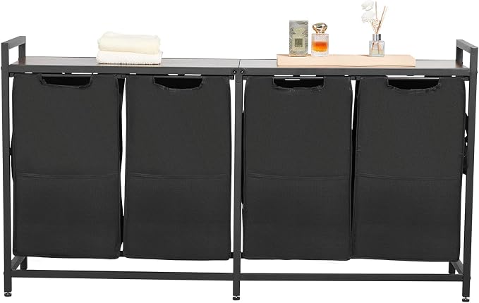 VEVOR 4 Section Laundry Sorter, Large Laundry Hamper with Metal Frame and Wooden Tabletop, Freestanding Storage Organizer Baskets with Pull-Out 600D Oxford Cloth Bags for Dirty Clothes, Bathroom