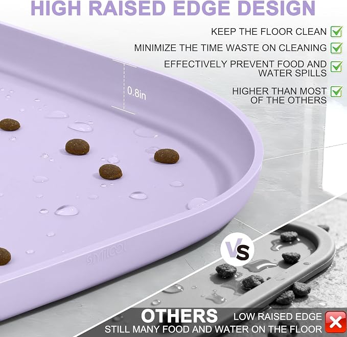 SMILOOL Waterproof Silicone Pet Food Mat with Raised Edge for Dog & Cat | 22" x 14" Non-Slip Pet Feeding Mats with Lip for Food & Water Bowl, Food Grade, Easy Cleaning, Light Purple