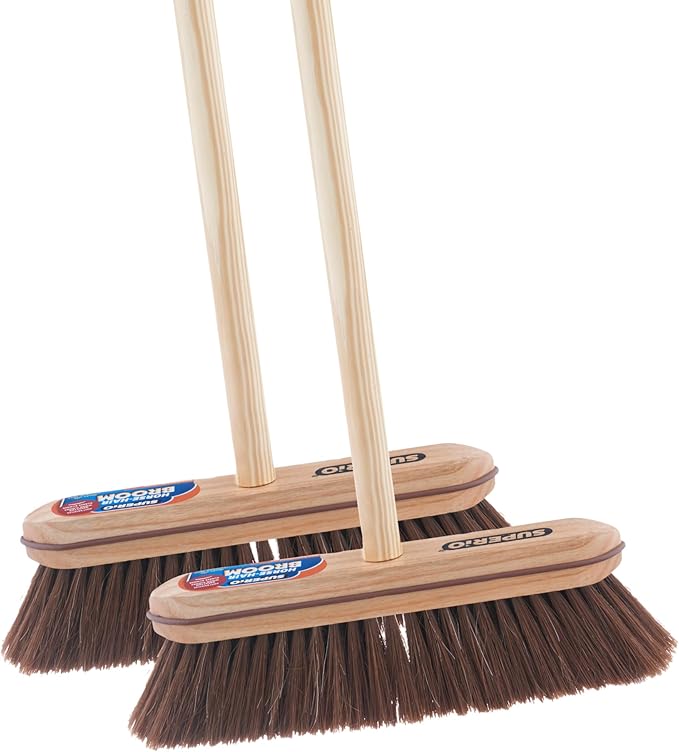 Superio Kitchen and Home Horsehair Broom with Wood Handle, Fine Premium Bristles - Heavy Duty Household Broom Easy Swiping Dust and Wisp Floors and Corners 2-Pack