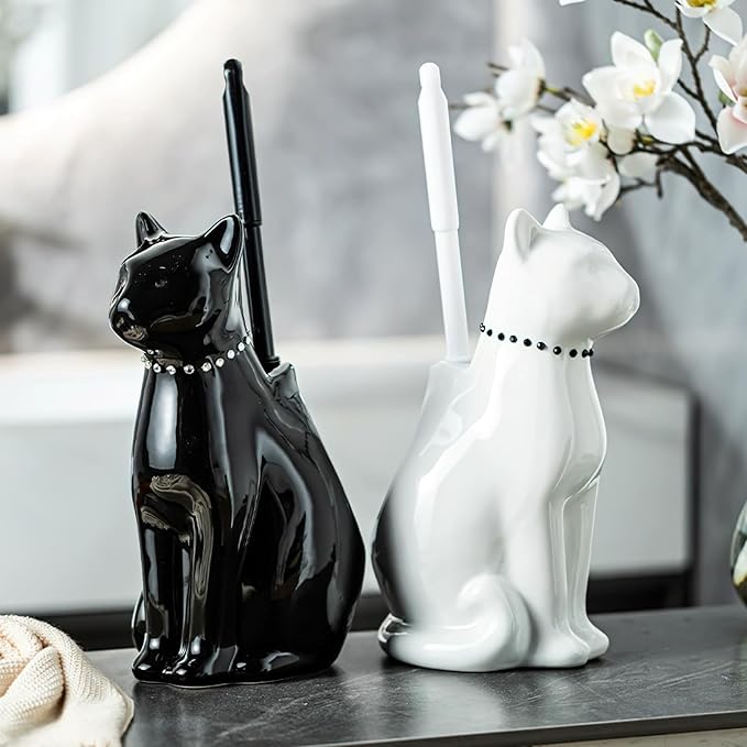 Cat Toilet Brush Holder - Ceramic Whimsical Feline Design with Wide-Mouth Storage, Black Toilet Bowl Brush and Holder Set Cute for Bathroom Ground, Easy-Clean Cat Lover Gift (White)