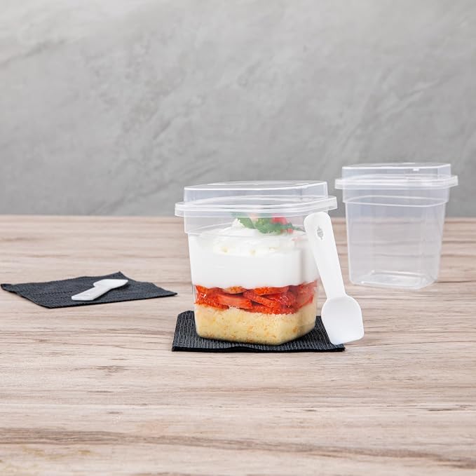 Restaurantware-Mini Serve 6.7 Ounce Dessert Cups With Lids And Spoons, 25 Disposable Serving Cups - Durable, Stackable, Clear Plastic Parfait Containers, For Dessert Take Out And Delivery Orders