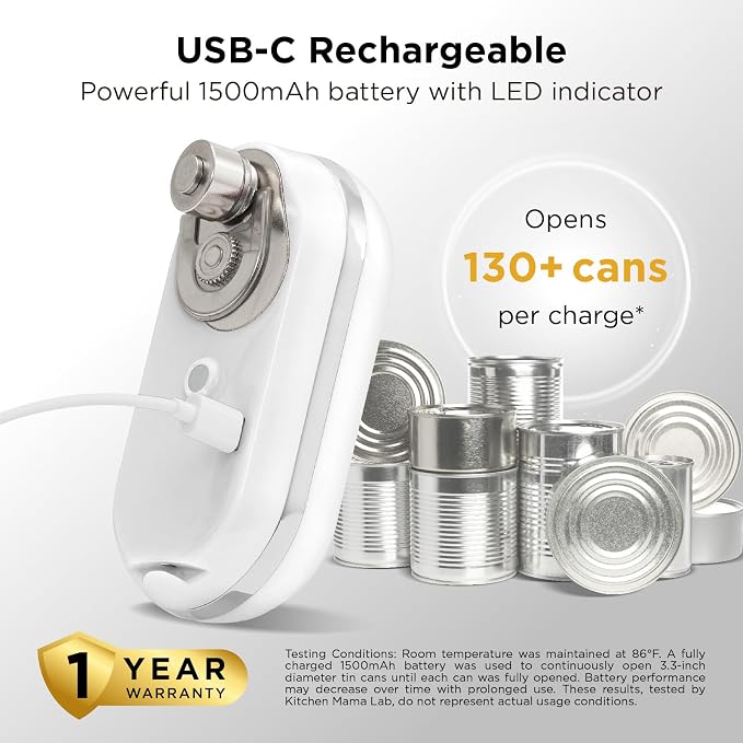 Kitchen Mama Mini Plus Rechargeable Electric Can Opener, White | USB-C Charging, Hands-Free Auto Stop, Cordless Smooth Edge, Compact for Travel, Perfect for Seniors with Arthritis
