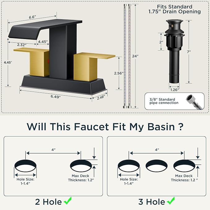 FORIOUS Square Waterfall Centerset Bathroom Faucet 3 or 2 Hole for 4 Inch Matte Black and Gold, 2 Handle Bathroom Sink Faucet with Metal Pop Up Drain and Hose for Vanity RV Restroom Remodel