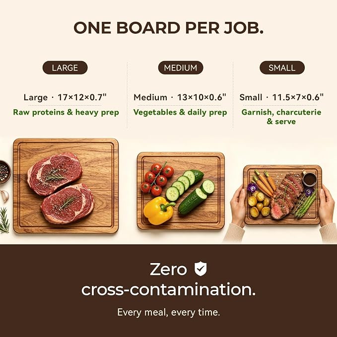 Non-toxic Acacia Wood Cutting Board Set of 3 for Kitchen | Kiln-Dried & Pre-Oiled 3x, Warp-Resistant Solid Acacia with Juice Groove, Handles & Anti-Slip Feets
