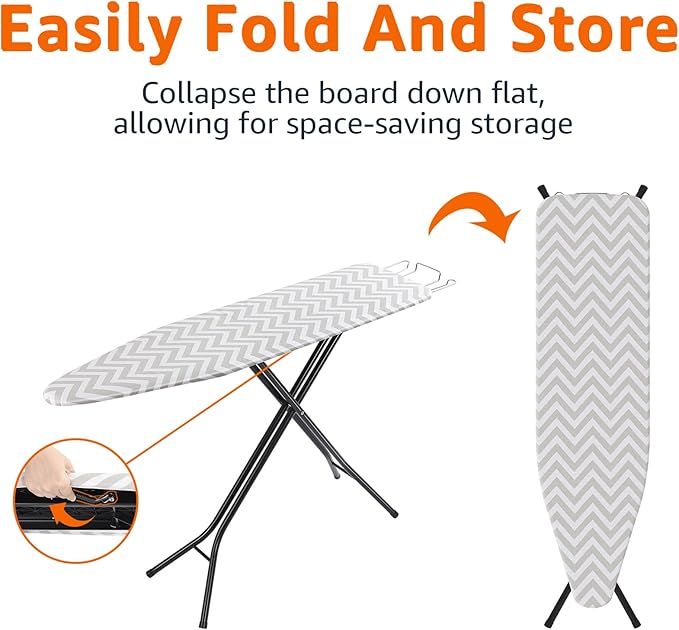 Amazon Basics Height Adjustable Full-Size Foldable Ironing Board, 4-Leg Fold-Up, Chevron Removable Cover, 60" x 14" x 38"