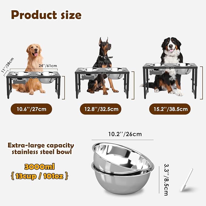 SHAINFUN Elevated Dog Bowls for Large Dogs, 3 Height Adjustable，Raised Tall Dog Food Water Bowl Stand with Two 101oz Bowls