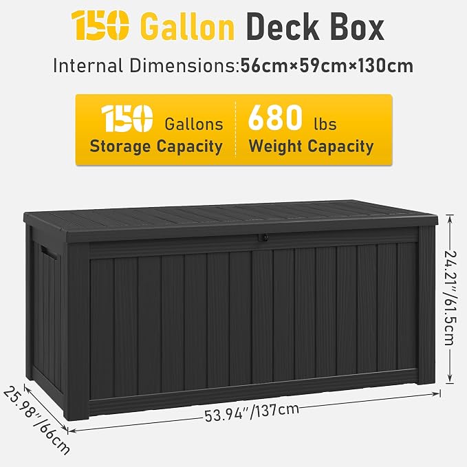 150 Gal Deck Box,Outdoor Storage Box Waterproof Lockable,Gas Lift,Black | Large Resin Deck Box, UV-resistant all-weather, lockable storage for patio furniture, garden tools, pool accessories, black