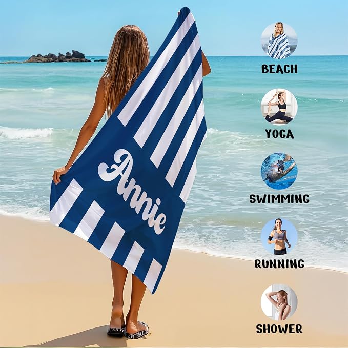 JML Personalized Beach Towel with Name, Custom Cabana Stripe Beach Towel, Customized Microfiber Pool Towel, Quick Dry & Absorbent Swim Towel for Adult,Mother's Day, Birthday, Summer Holiday,Vacation