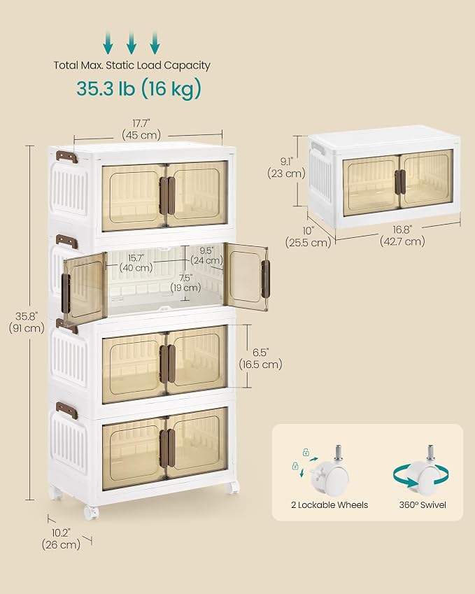 SONGMICS 26QT Plastic Storage Bins with 1 Lid, 4-Tier Stackable Bins with Doors and Wheels, Foldable Storage Boxes, for Closets, Bedroom, Living Room, Office, White URLB445WZ01