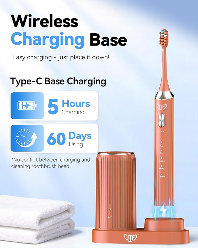 JTF Sonic Electric Toothbrush with UV Sanitizing & Drying: 5 Modes for Effective Yet Gentle Cleaning – with 6 Brush Heads, Rinse Cup, Wireless Charging Base, Rechargeable for Daily Care, Home & Travel