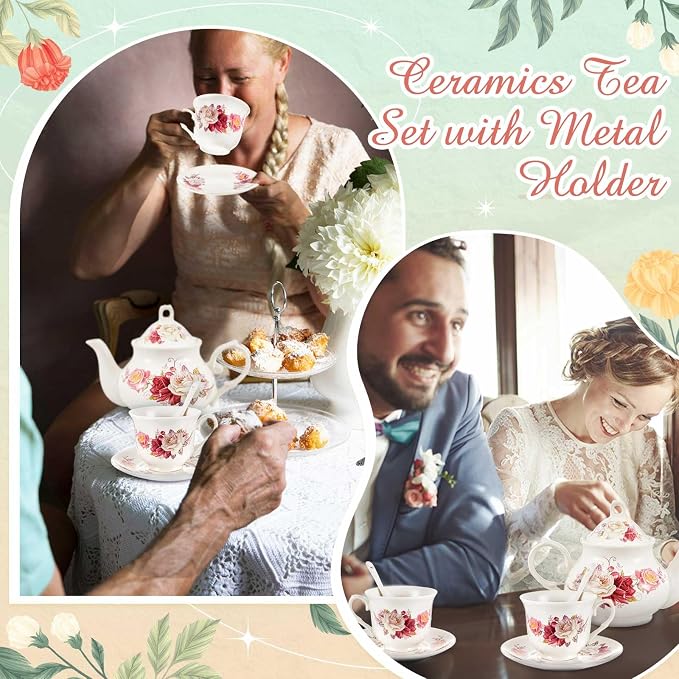 Zhehao 20 Pcs Porcelain Tea Set with Metal Holder and Spoon Adult Ceramic Tea Set European Flower Painting Teapot Cup Saucer Spoon for Women Mom Gift, Large Version (Grace Style)