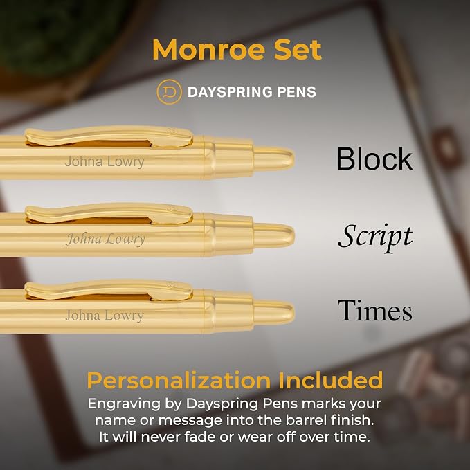 Dayspring Pens Monroe 18K Gold Pen and Pencil Set, Custom Engraved, Click Action, Medium Point Black Ink, Gift for Graduation, Birthdays, Career Advancement, New Job, Gifting Case Included