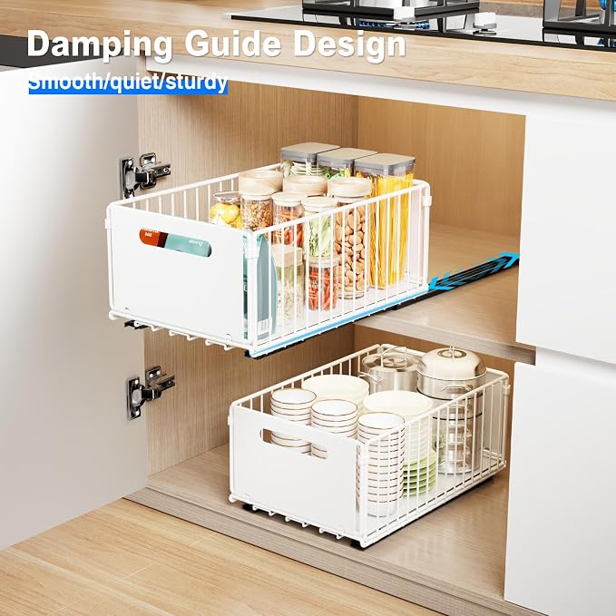 Mustorn 2 Pack Pull Out Cabinet Organizer, Slide Out Drawers for Cabinets, Peel and Stick, Heavy Duty Shelves for Kitchen, Cupboard, Pantry, Bathroom (14.76" D*9.65" W*7.87" H-White)