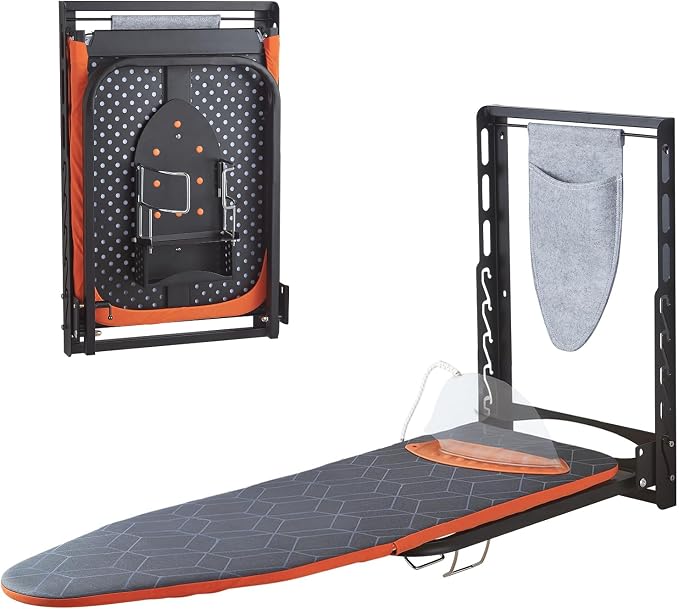 Seiritex Wall Mounted Ironing Board with Iron Holder, 42x14 Compact Mount Foldable Ironing Board for Small Spaces, Space Saving with Cotton Fabric Cover and Silicone Iron Rest