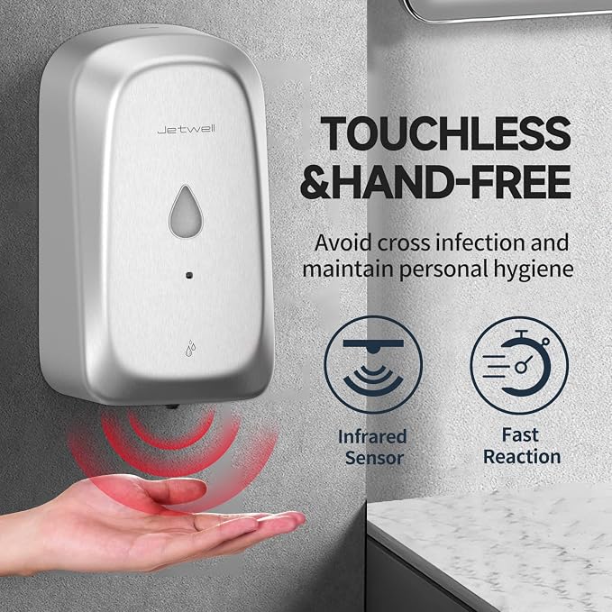 JETWELL Automatic Touch-Less Wall Mount Hand Soap Dispenser Liquid Drop Battery Operated, Brushed Stainless Steel Cover Large Capacity 34OZ/1000ML for Kitchen Home Commercial Bathroom | Brushed Cover, Large Capacity, Battery Powered, Liquid Soap, Comme...