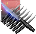 Steak Knives Set of 6, 4.6 Inch Non Serrated Dinner Knife, Forged German Steel Damascus Pattern Straight Edge Meat Knife with Full Tang Handle, Dishwasher Safe, Ideal for Gift | Forged German Steel Damascus Pattern Straight Edge Meat Knife with Full Ta...