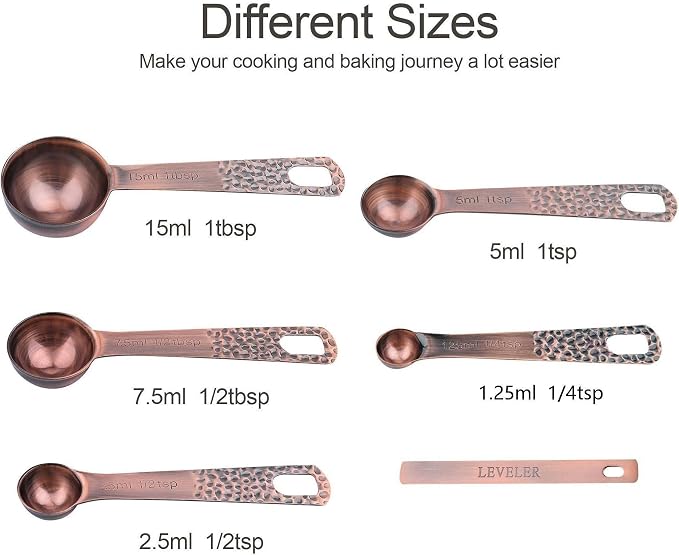 Copper Measuring Cups and Spoons Set, Stainless Steel Measuring Tools Set for Baking & Kitchen, Metric & US 4 Copper Plated Measure Cups and 5 Measure Spoons with Leveler for Wet & Dry