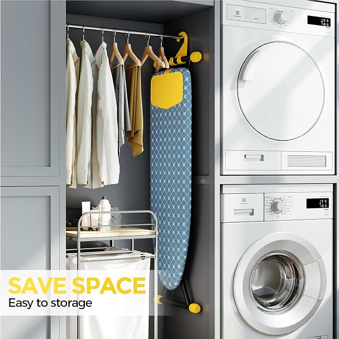 APEXCHASER Ironing Board with Iron Rest, Compact and Space Saver Iron Board, Extra Thick Cover, Height Adjustable, Wall Mount & Closet Hanger 13x43 Yellow