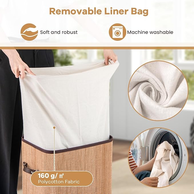 Giantex Bamboo Laundry Hamper with Lid Removable Liner & Handles | 72L Large & Tall Clothes Hamper, Rectangular Laundry Basket for Small Spaces, Laundry Room, Bedroom, Bamboo