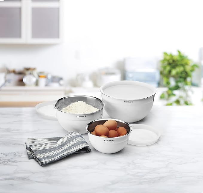 Cuisinart CTG-00-SMBW White Painted Stainless Steel Mixing Bowls with Lids, Set of 3