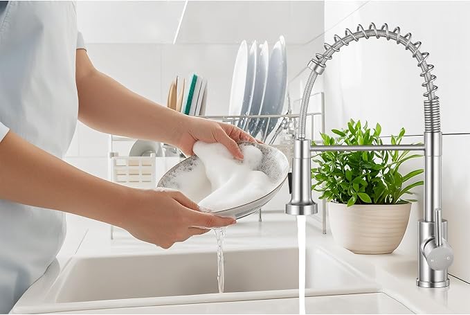 Kitchen Faucet with Soap Dispenser, Brushed Nickel | 360° high arc spout, single handle, fingerprint-resistant, drip-free valve, DIY install kit, NSF certified