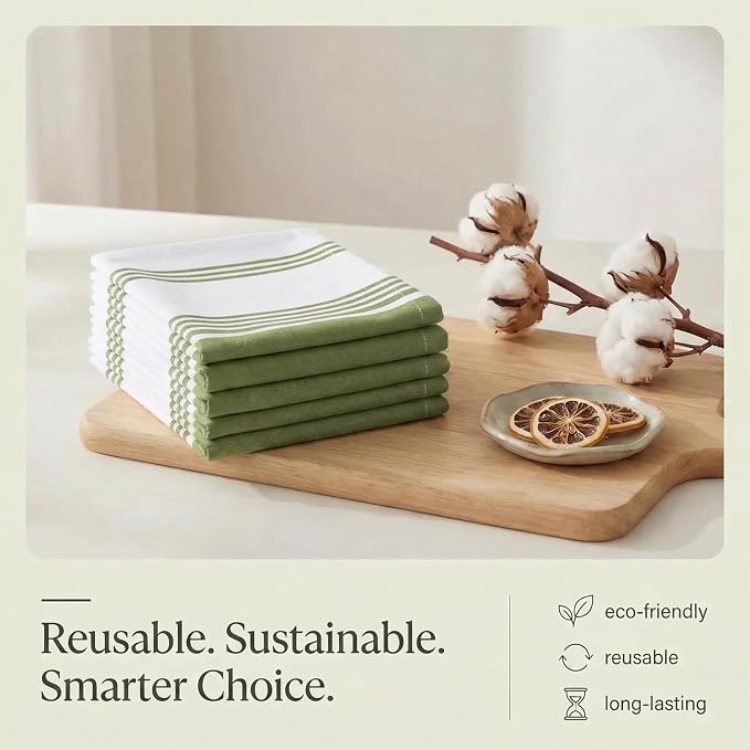 Urban Villa Kitchen Towels Cotton Dish Towels 20”x30” (Set of 6) Green Wht