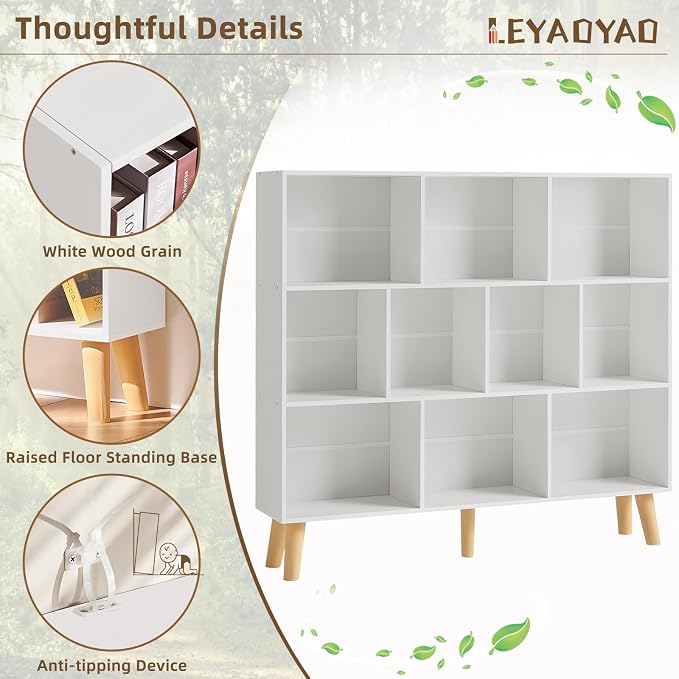 LEYAOYAO 10 Cube Bookshelf, Mid-Century Modern Book Shelf with Legs, White | 3 Tier Bookcase, Rustic Wood Bookshelves Freestanding Large Storage Organizer, Open Shelves for Bedroom, Living Room, Office
