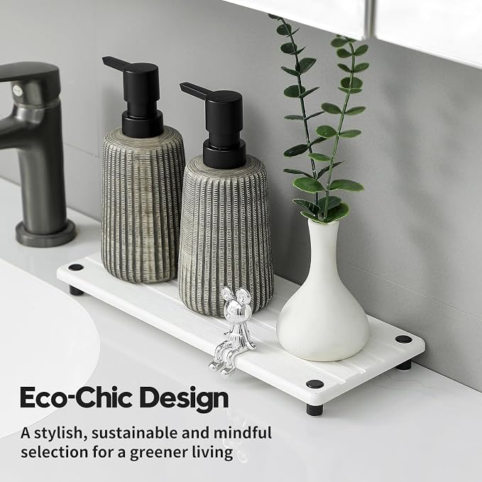 Instant Dry Sink Caddy Kitchen Sink Organizer, Quick Drying Stone Tray Diatomite Sponge Holder Soap Dish, Bathroom Countertop Fast Dry Water Absorbing Vanity Rack, White, 12" x 5"