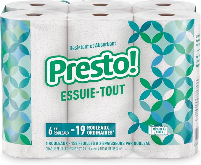 Amazon Brand - Presto! Ultra-Strong Premium Paper Towels, 158 Sheet Huge Roll - Flex-a-Size, 12 Rolls (2 Packs of 6), Equivalent to 38 Regular Rolls, White