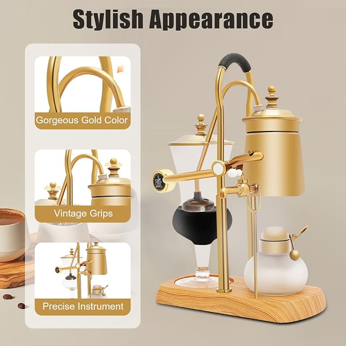 Gold Siphon Coffee Maker, 400ml Vintage Vacuum Coffee Brewer with Wooden Base, Electric Glass Balance Siphon Pot for Home, Kitchen, Coffee Shop - Manual Brewing Equipment with Measuring Cup & Spoon