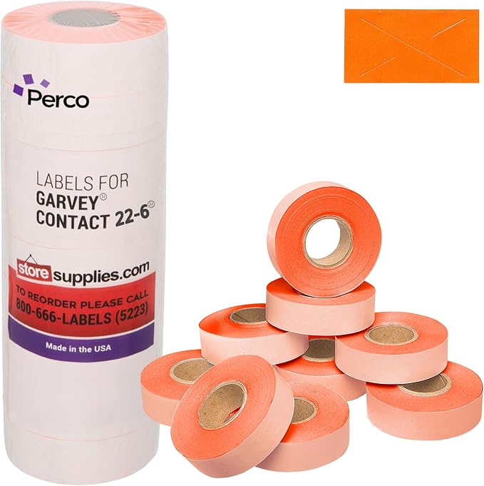 Perco Fluorescent Red Price Marking Labels - 11,000 Blank Labels for Garvey 22-6/22-7/22-8 Price Gun with Ink Rolls Included - 9 Rolls, 1 Sleeve - Made in USA