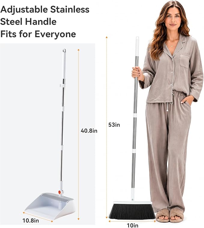 MOPALL Broom with Dustpan Combo Set with 53" Extra Long Handle, Self-Cleaning Dustpan Teeth for Dog Cat Hair, 180° Swivel Brooms Head, Upright Standing for Sweeping Indoor, Includes 2 Broom Heads