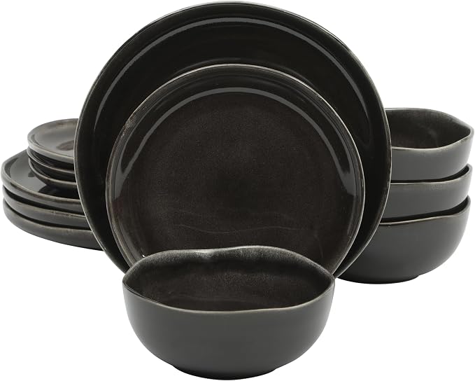 Gibson Elite Nardini 12 Piece (Service for 4) Plates and Bowls Reactive Glaze Dishes Stoneware Ceramic Dinnerware Set - Black