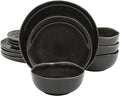 Gibson Elite Nardini 12 Piece (Service for 4) Plates and Bowls Reactive Glaze Dishes Stoneware Ceramic Dinnerware Set - Black