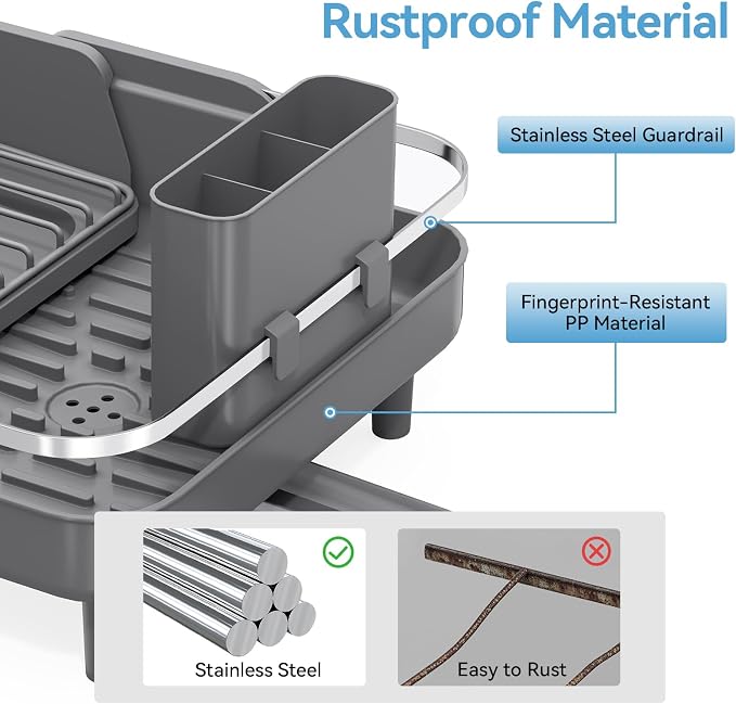 Urackify Expandable Dish Drying Rack for Kitchen Counter,16.2-23.7in,Grey | Adjustable Capacity, Countertop-Stay-Dry Drainboard, Heavy-Duty Steel, Stable Plate Rack, Spave Saving for Apartment,RV,Dorms