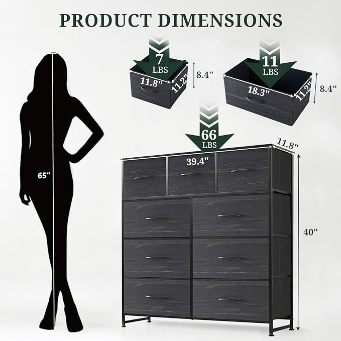 9-Drawer Dresser for Bedroom, Anti-Tip Tall Storage Organizer Chest of Drawers with Wooden Top and Metal Frame Fabric Bins for Closet, Living Room, Hallway, Entryway, Charcoal Black