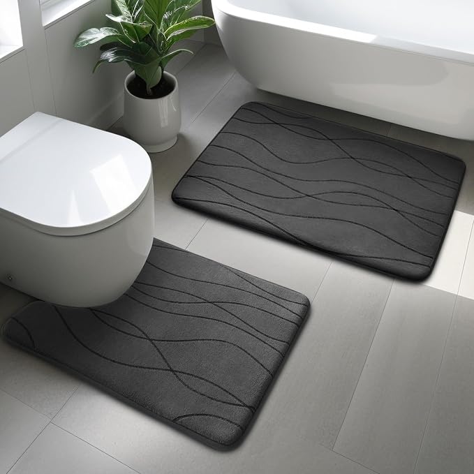 YIHOUSE Bathroom Rugs Set 2 Piece, Memory Foam Bath Mat Dark Grey | U Shaped+Small Mat, Ultra Soft, Absorbent, Non-Slip, Machine Washable, for Bathroom, Sink and Toilet