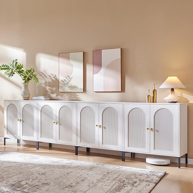 IFGET 123.5" W Modern Arched Sideboard Buffet Cabinet with Storage, White | Fluted Arch Sideboard Cabinet w/Adjustable Shelves, Wooden Modular Kitchen Cabinet for Dining& Living Room, Entryway