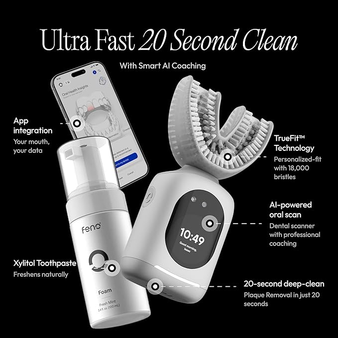Feno Smartbrush Electric Toothbrush for Adults – AI-Powered Oscillating Toothbrush with App and Personalized Mouthpiece, 20-Second Deep Clean, Rechargeable, Includes 1 Bottle of Feno Foam Toothpaste
