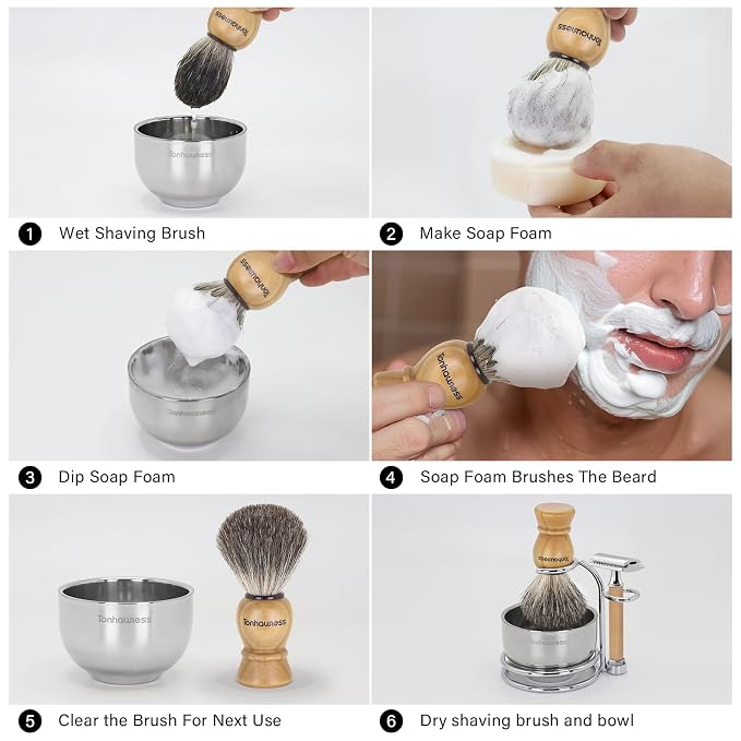 5 In 1 Manual Shaving Kit For Men Includes Badger Hair Shaving Brushes Set, Double Edge Safety Razor, Stainless Steel Shaving Bowl&Stand and Goat Milk Shaving Soap