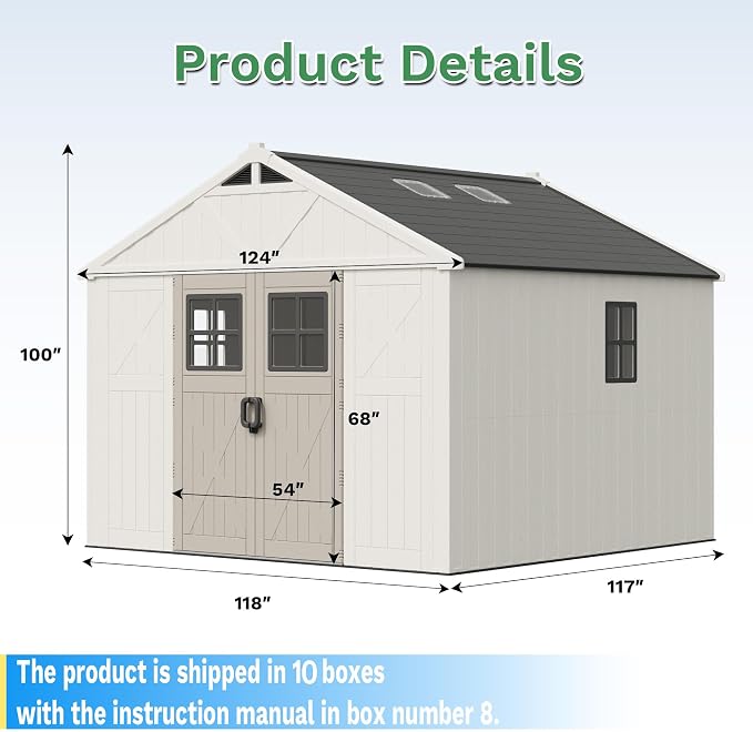 Greesum 10X10FT Plastic Outdoor Storage Shed with Floor and Lockable Door, Resin Sheds with 4-Windows and Multiple Skylights, HDPE Kick-it Shed for Garden, Patio, Backyard, Beige