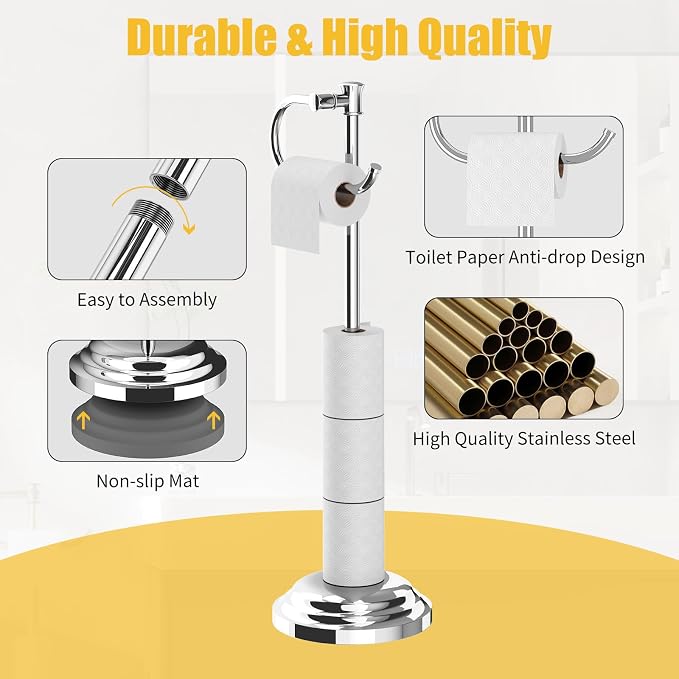 BESy Toilet Paper Holder Free Standing Bathroom Toilet Tissue Holder Stand for Floor Toilet Paper Roll Holder with Storage Hardware Accessories Rack Hand Towel Bar Polished Chrome Stainless Steel